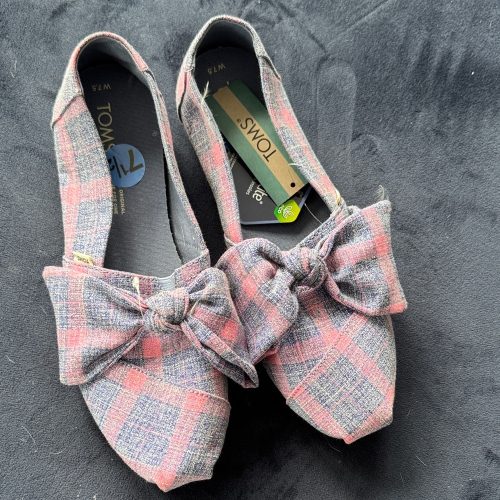 TOMS Women's Checkered Bow Flats - Pink and Gray